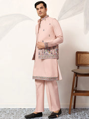 Awesome Peach Embroidered Silk Festival Wear Men’s Kurta With Koti