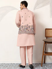 Awesome Peach Embroidered Silk Festival Wear Men’s Kurta With Koti