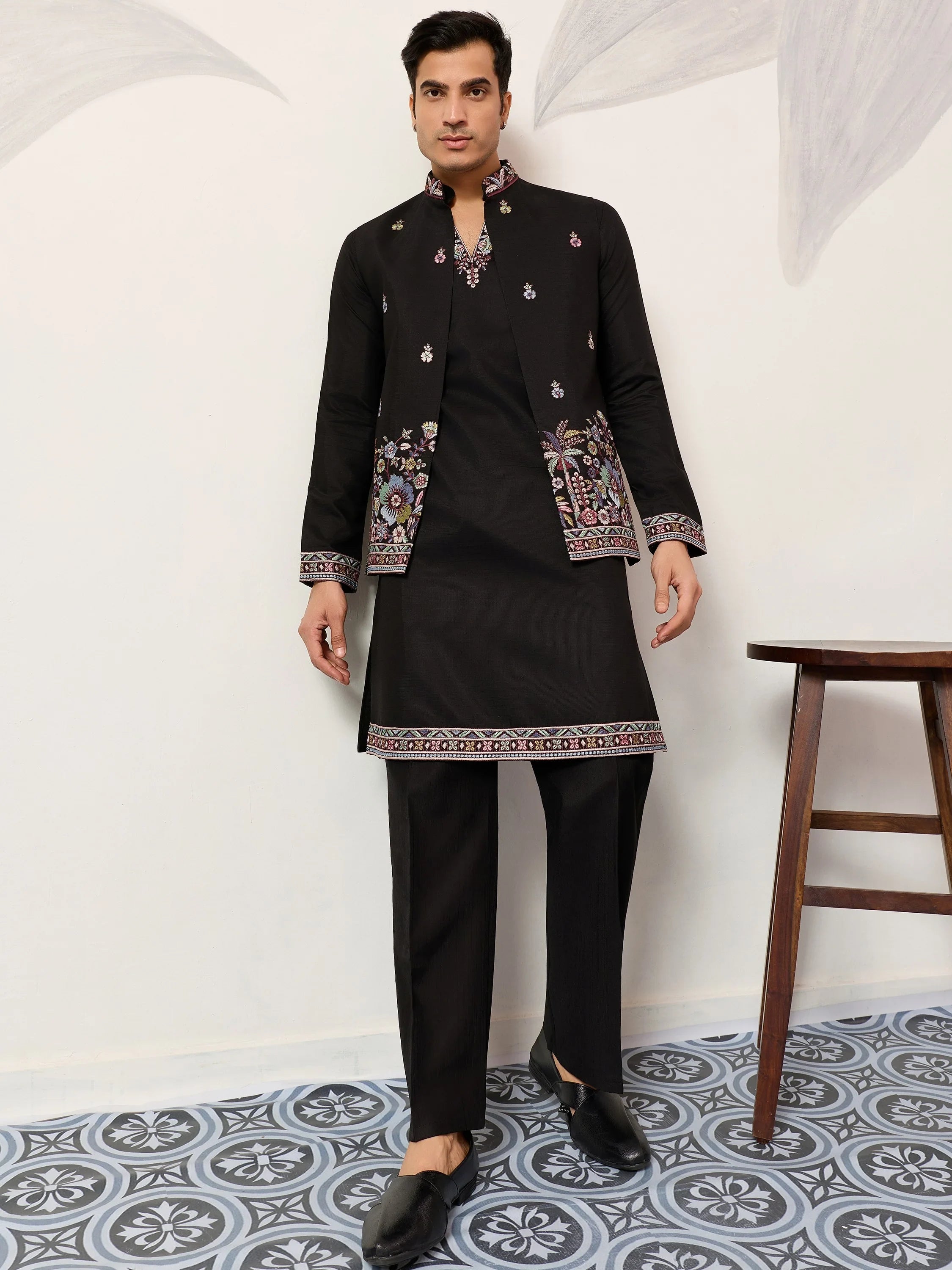 Glamorous Black Embroidered Silk Function Wear Men’s Kurta With Koti