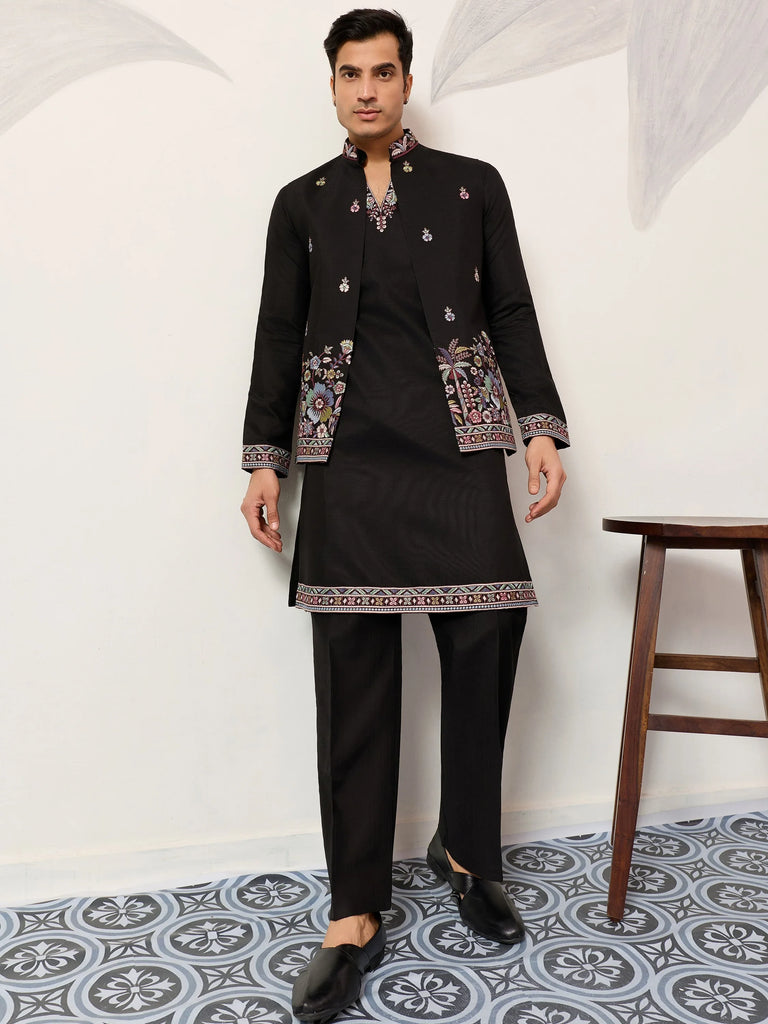 Glamorous Black Embroidered Silk Function Wear Men’s Kurta With Koti