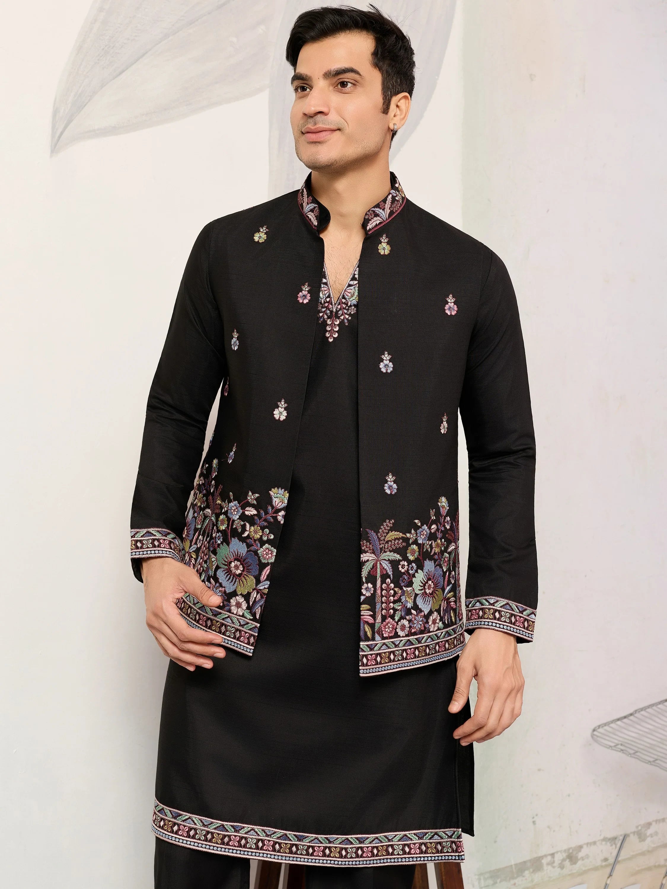 Glamorous Black Embroidered Silk Function Wear Men’s Kurta With Koti