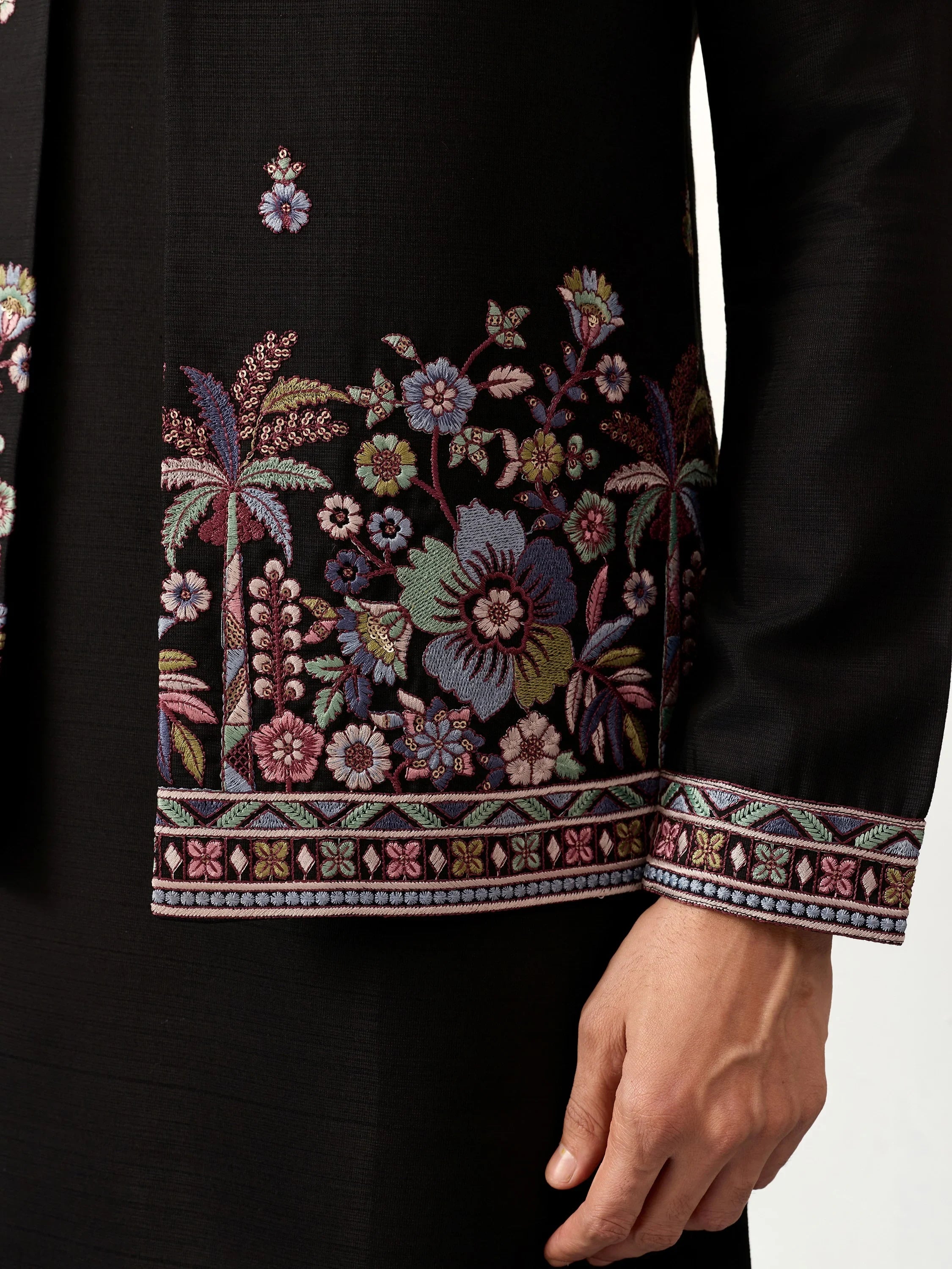 Glamorous Black Embroidered Silk Function Wear Men’s Kurta With Koti