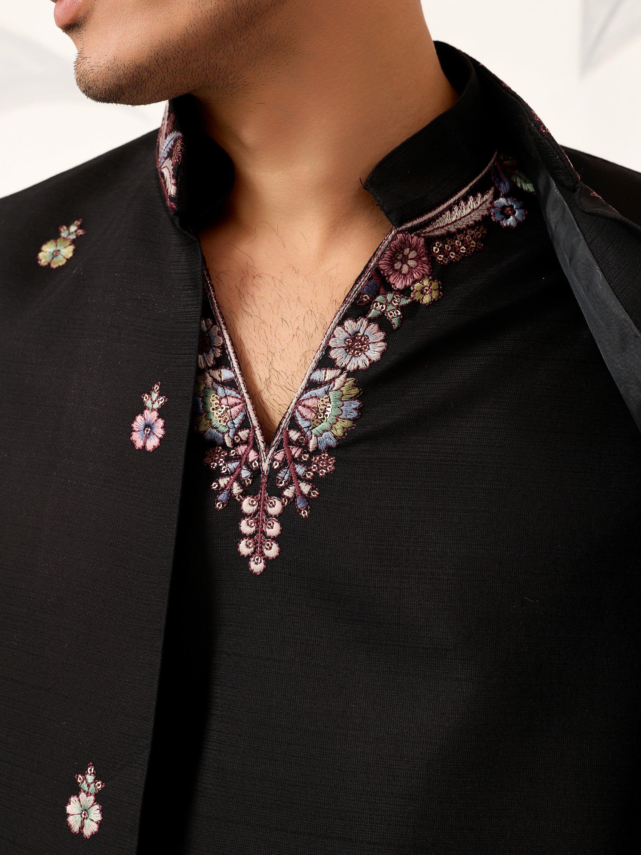 Glamorous Black Embroidered Silk Function Wear Men’s Kurta With Koti