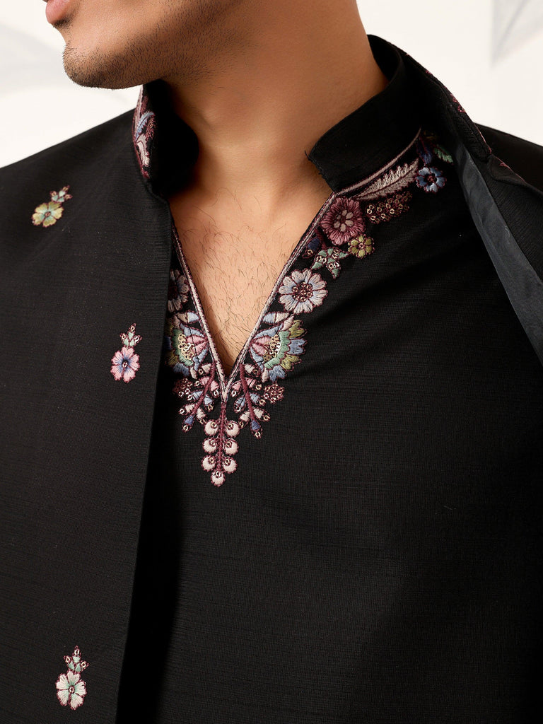 Glamorous Black Embroidered Silk Function Wear Men’s Kurta With Koti
