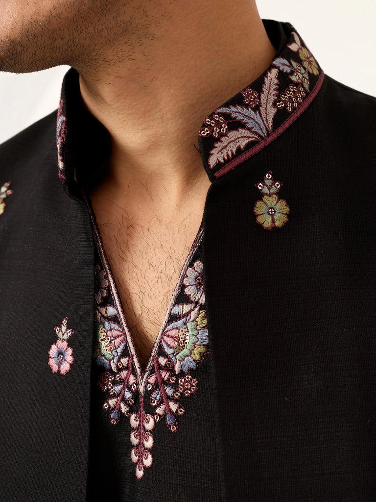 Glamorous Black Embroidered Silk Function Wear Men’s Kurta With Koti