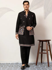 Glamorous Black Embroidered Silk Function Wear Men’s Kurta With Koti