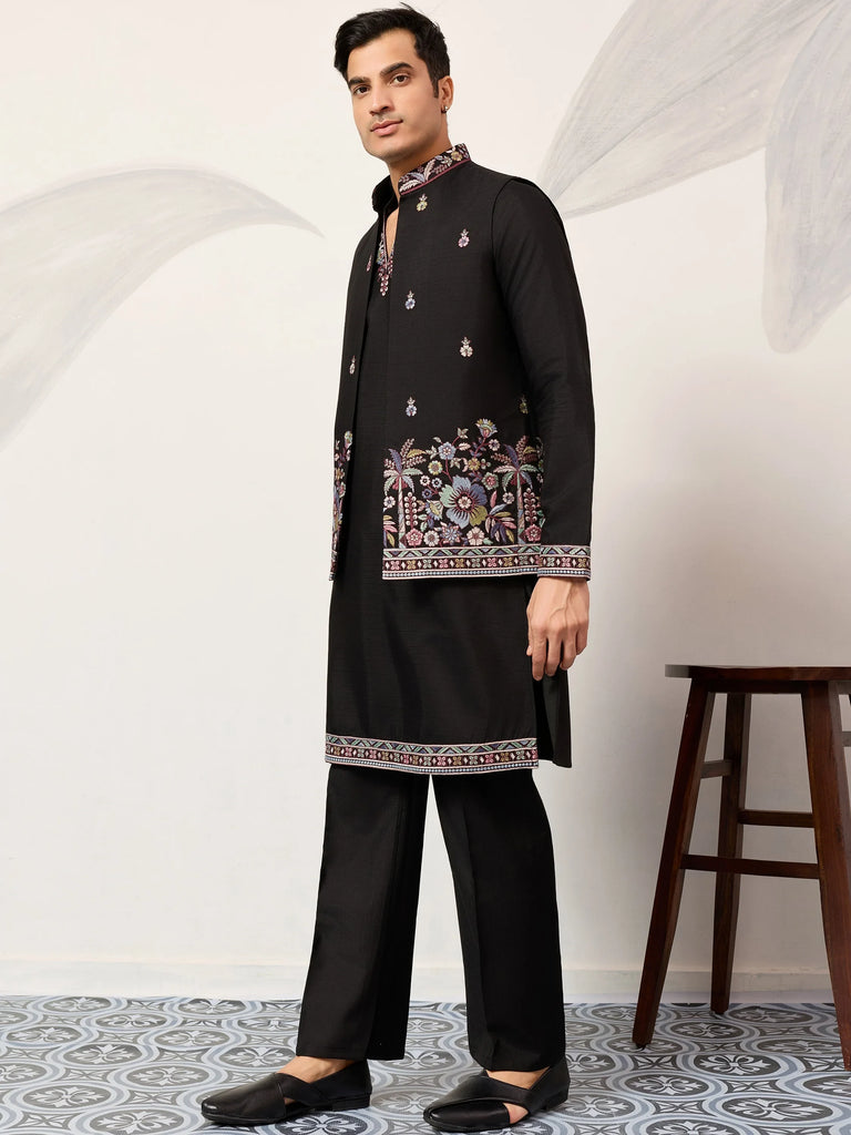 Glamorous Black Embroidered Silk Function Wear Men’s Kurta With Koti