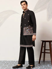 Glamorous Black Embroidered Silk Function Wear Men’s Kurta With Koti