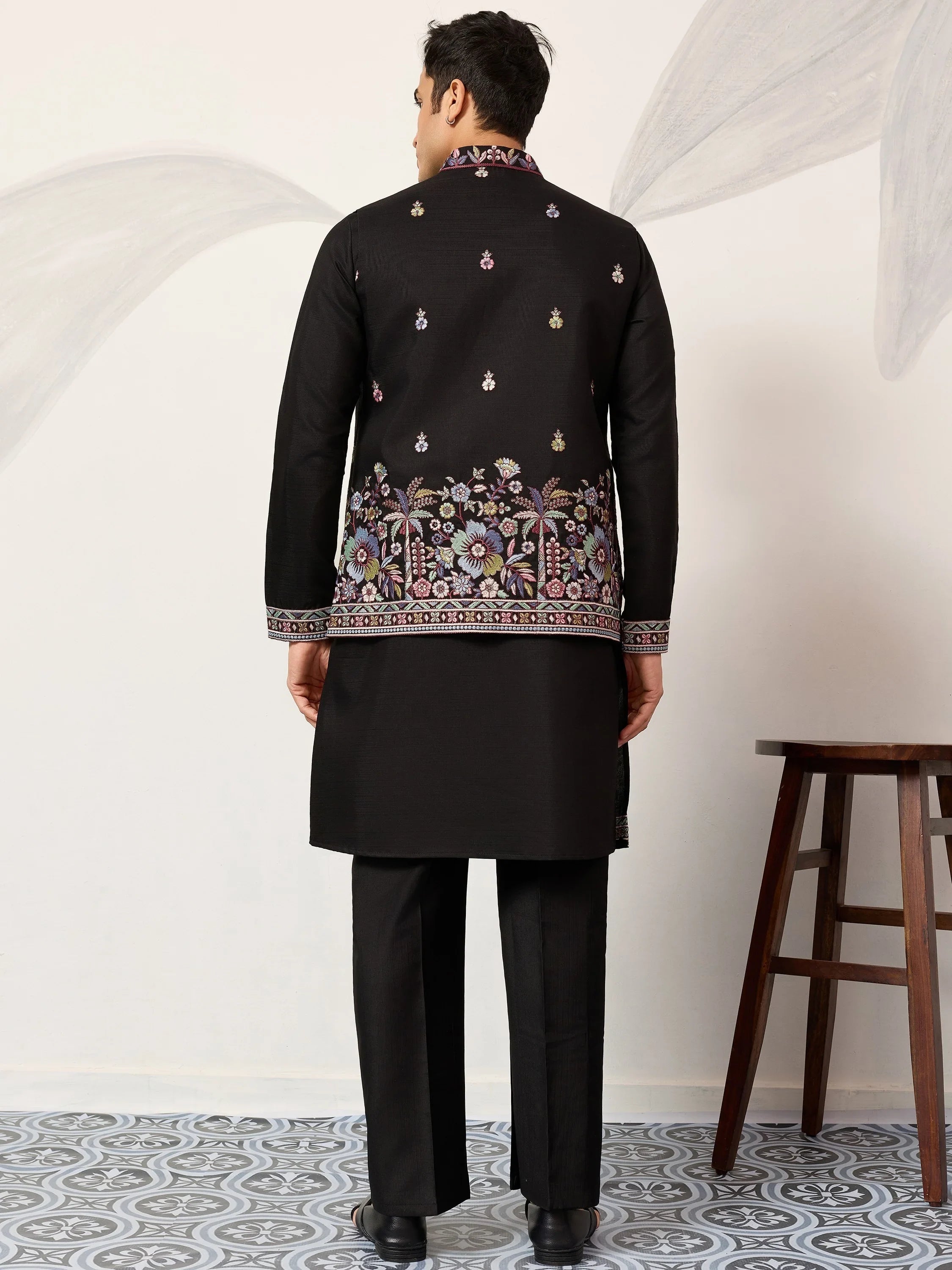 Glamorous Black Embroidered Silk Function Wear Men’s Kurta With Koti