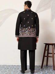 Glamorous Black Embroidered Silk Function Wear Men’s Kurta With Koti