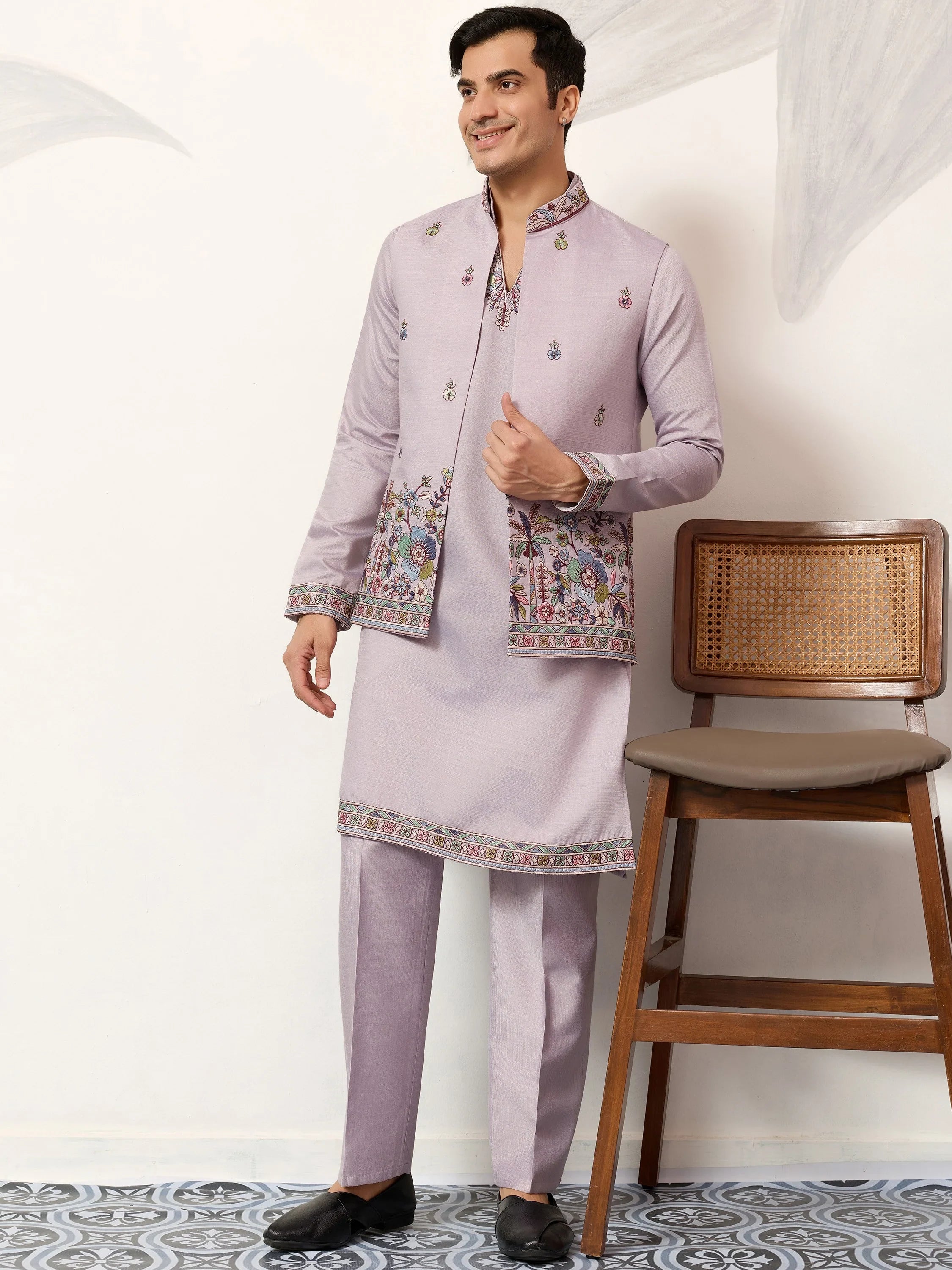 Dazzling Lavender Embroidered Silk Wedding Wear Men’s Kurta With Koti