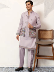 Dazzling Lavender Embroidered Silk Wedding Wear Men’s Kurta With Koti