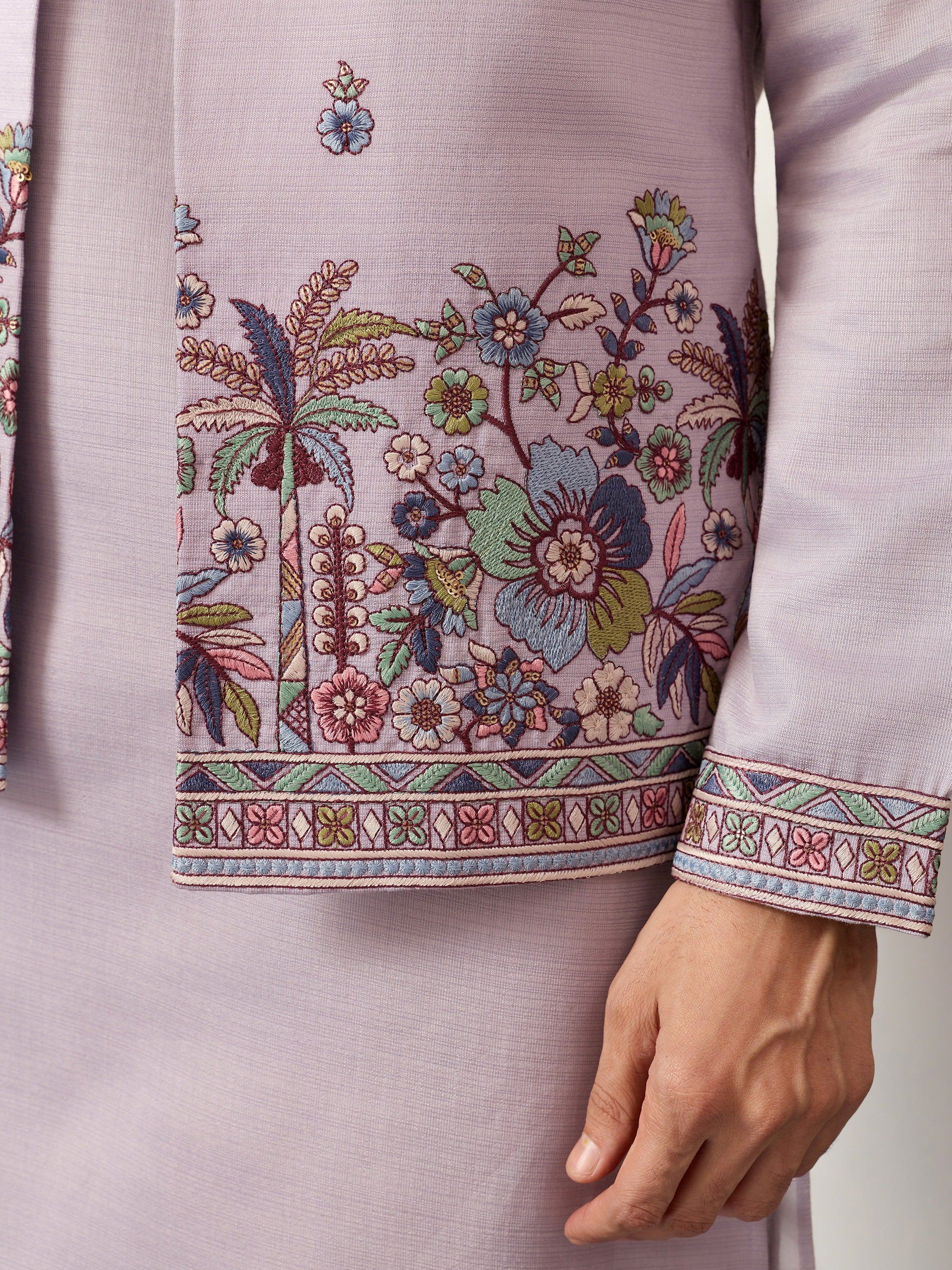 Dazzling Lavender Embroidered Silk Wedding Wear Men’s Kurta With Koti