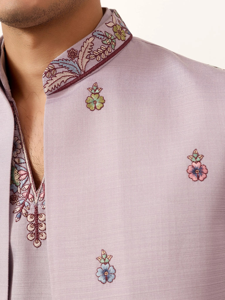 Dazzling Lavender Embroidered Silk Wedding Wear Men’s Kurta With Koti