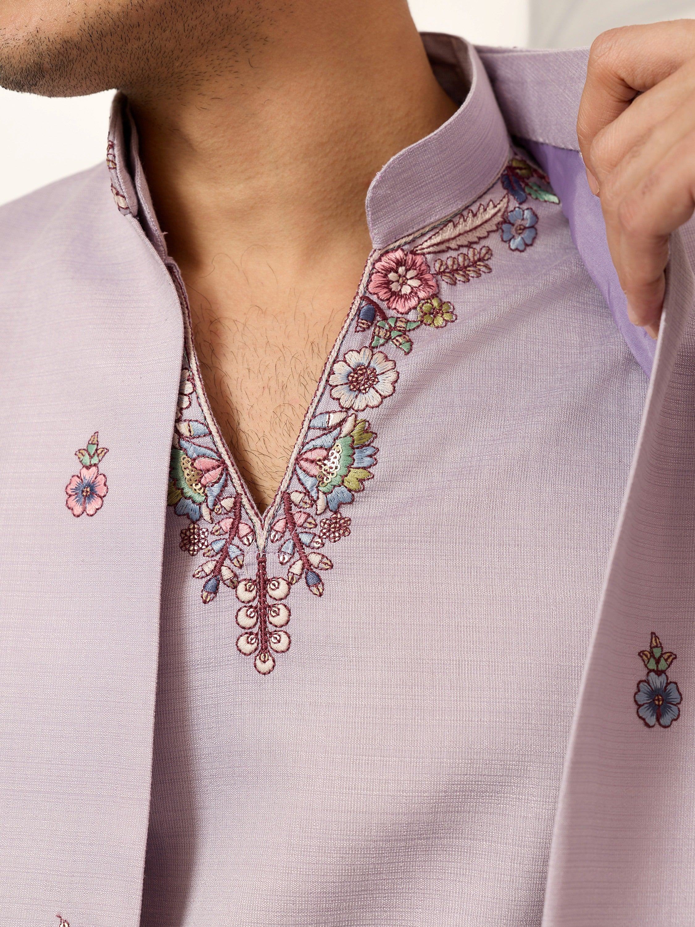 Dazzling Lavender Embroidered Silk Wedding Wear Men’s Kurta With Koti