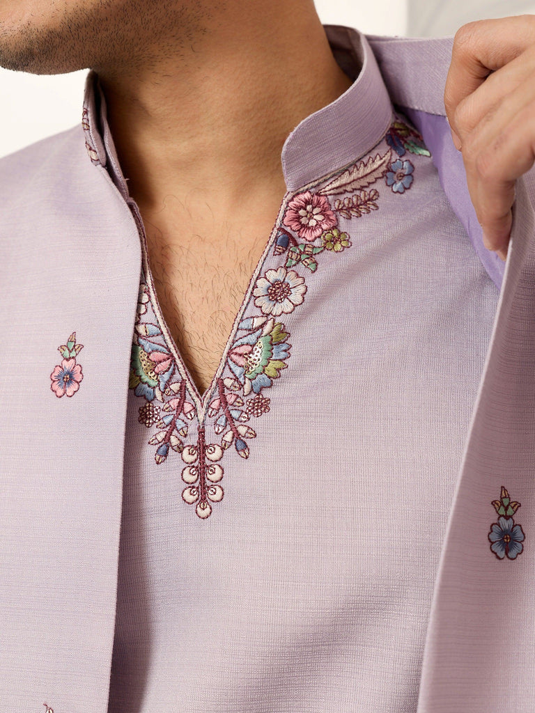 Dazzling Lavender Embroidered Silk Wedding Wear Men’s Kurta With Koti