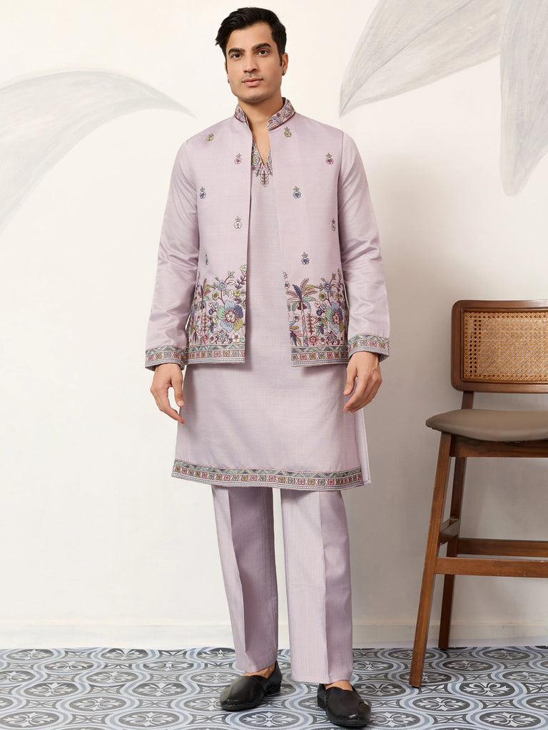 Dazzling Lavender Embroidered Silk Wedding Wear Men’s Kurta With Koti