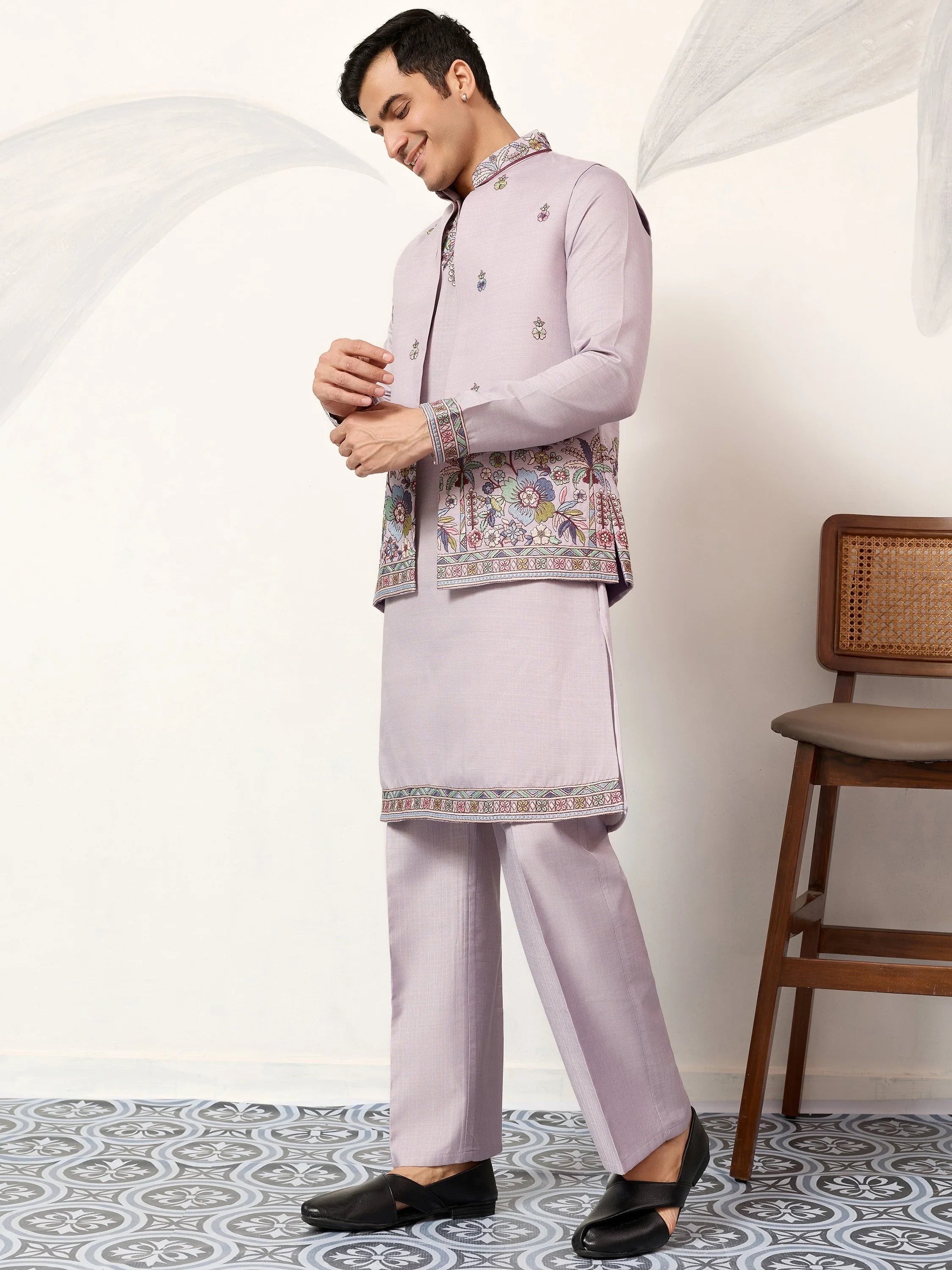 Dazzling Lavender Embroidered Silk Wedding Wear Men’s Kurta With Koti