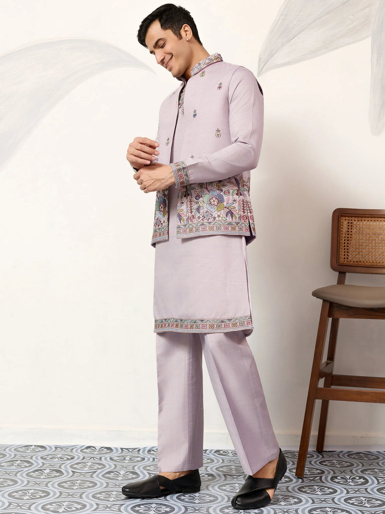 Dazzling Lavender Embroidered Silk Wedding Wear Men’s Kurta With Koti