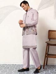 Dazzling Lavender Embroidered Silk Wedding Wear Men’s Kurta With Koti