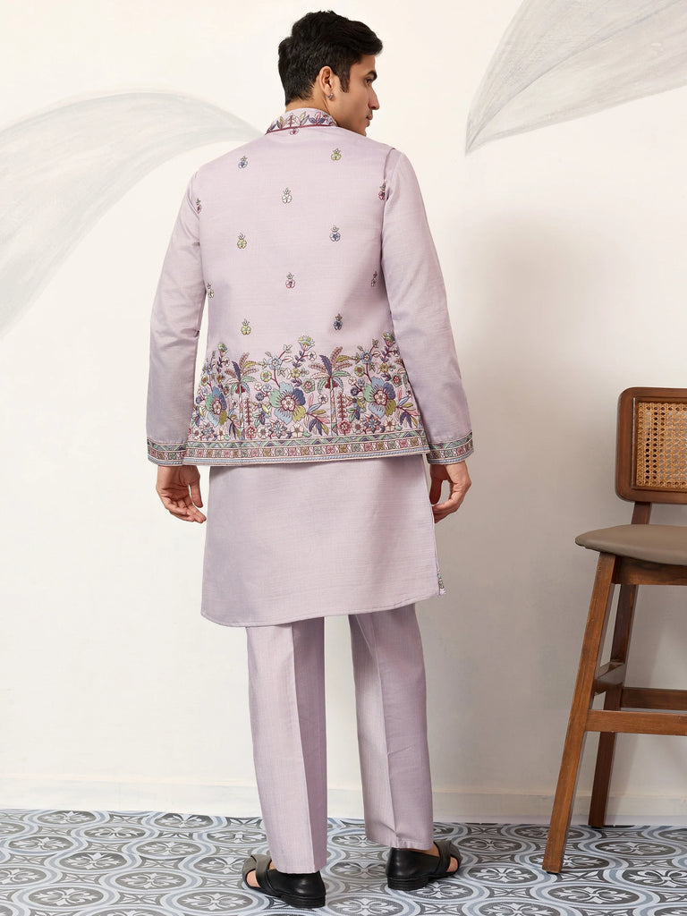 Dazzling Lavender Embroidered Silk Wedding Wear Men’s Kurta With Koti