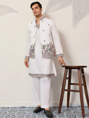 Captivating White Embroidered Silk Function Wear Men’s Kurta With Koti