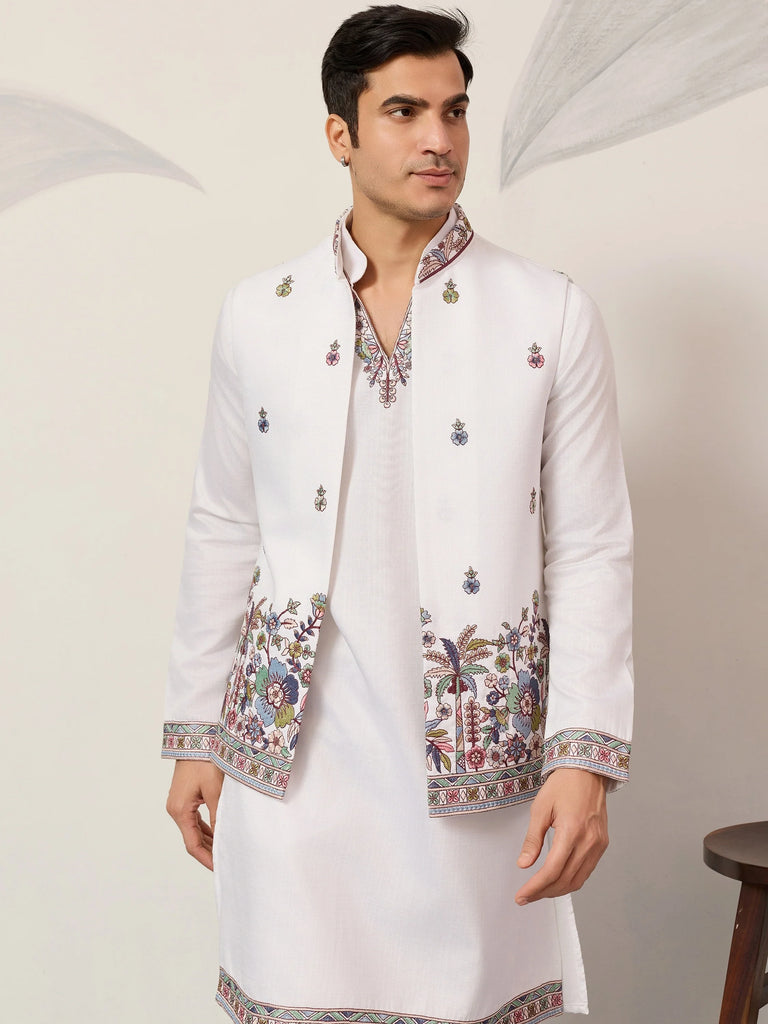 Captivating White Embroidered Silk Function Wear Men’s Kurta With Koti