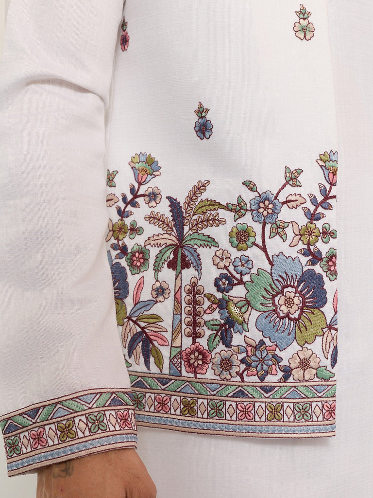 Captivating White Embroidered Silk Function Wear Men’s Kurta With Koti