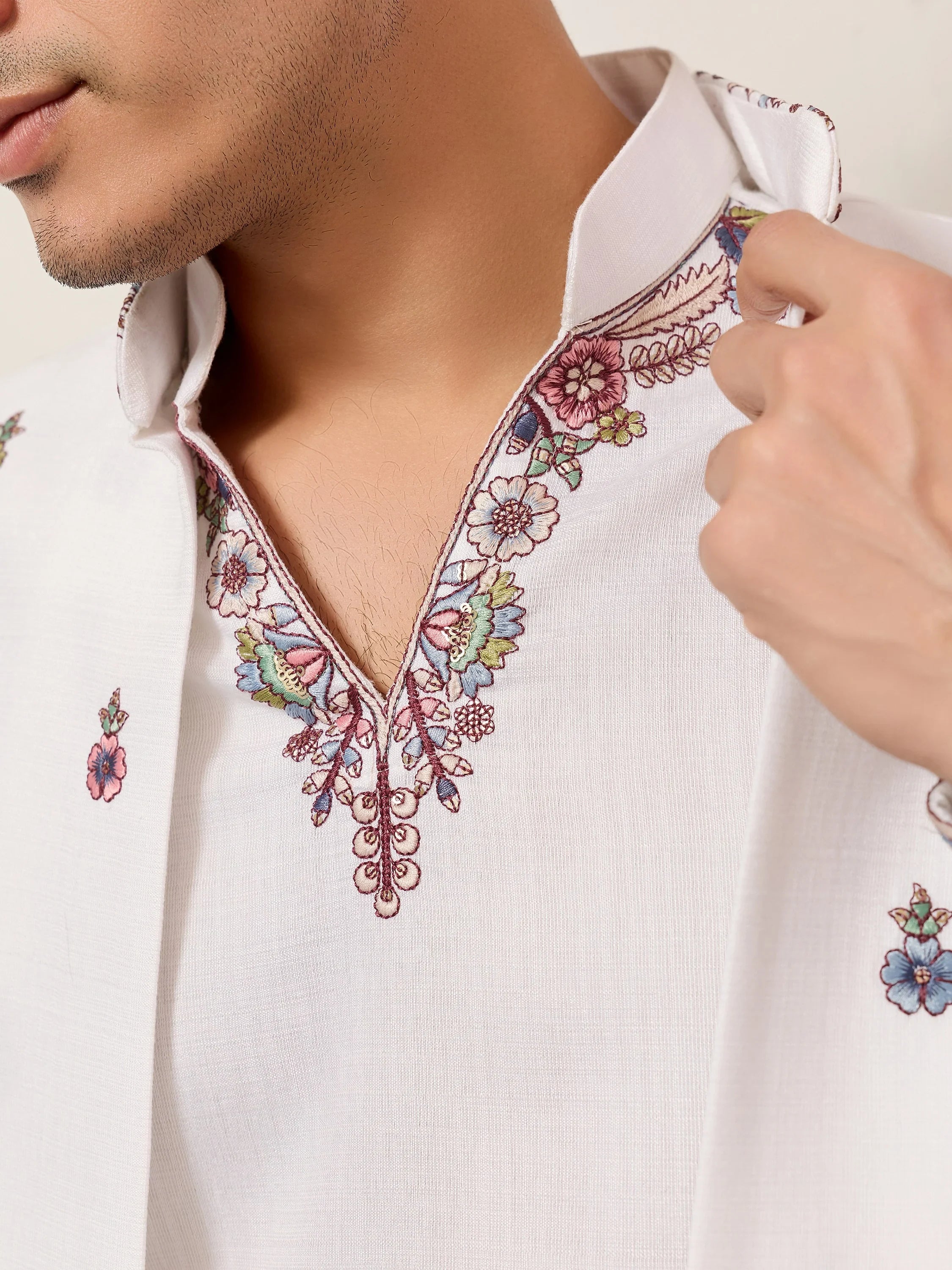 Captivating White Embroidered Silk Function Wear Men’s Kurta With Koti