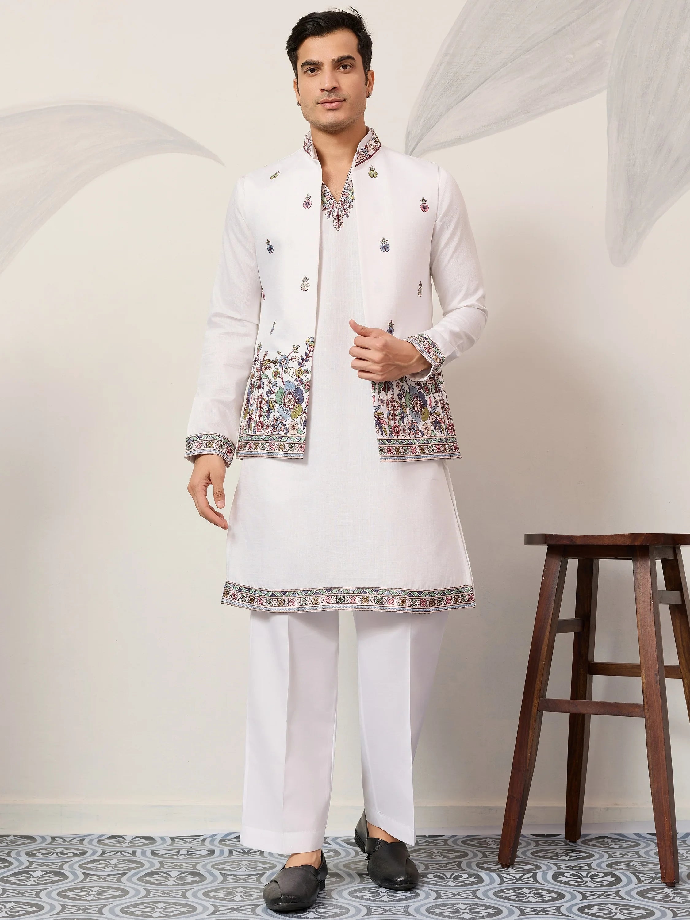 Captivating White Embroidered Silk Function Wear Men’s Kurta With Koti