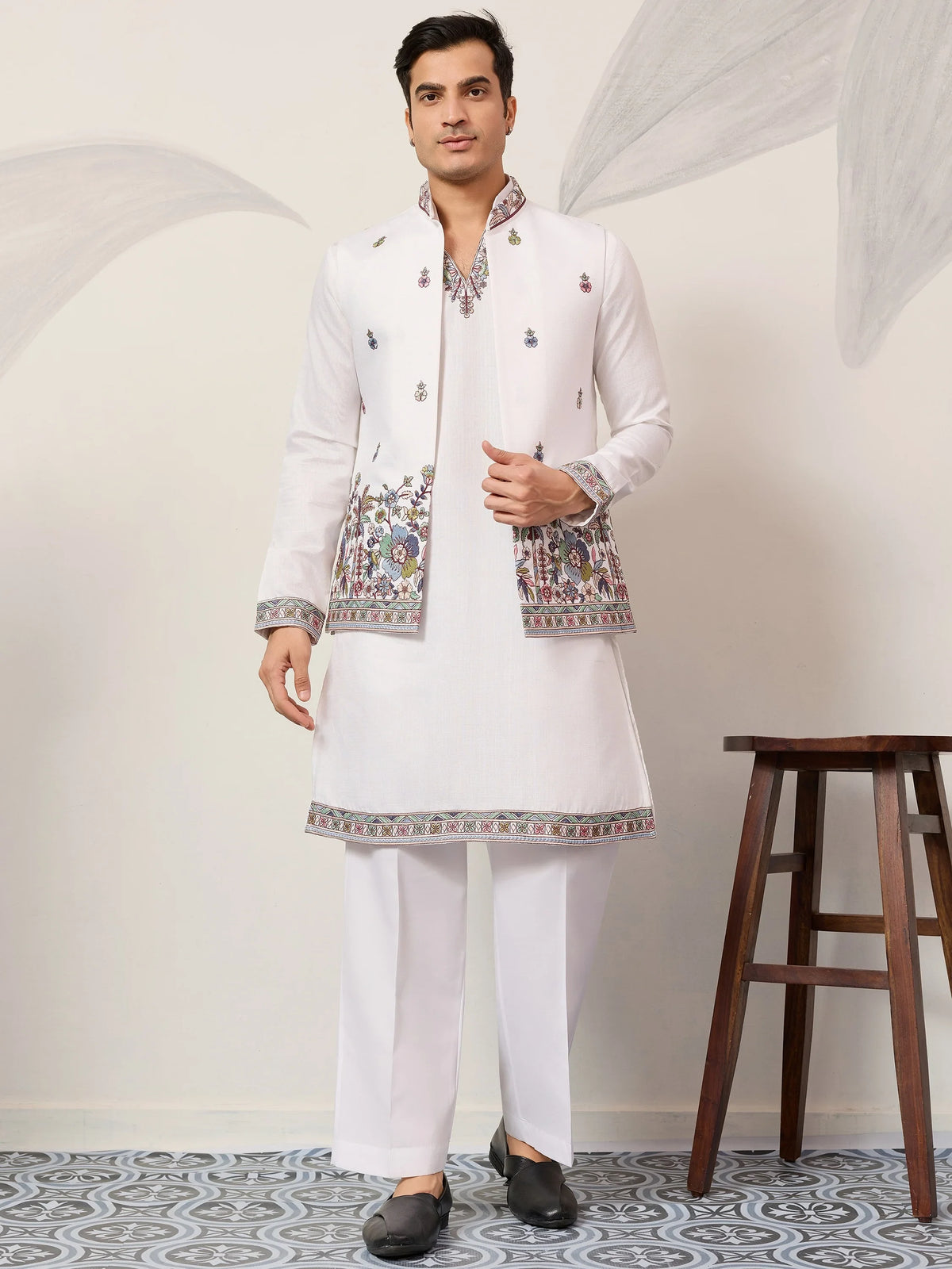 Captivating White Embroidered Silk Function Wear Men’s Kurta With Koti