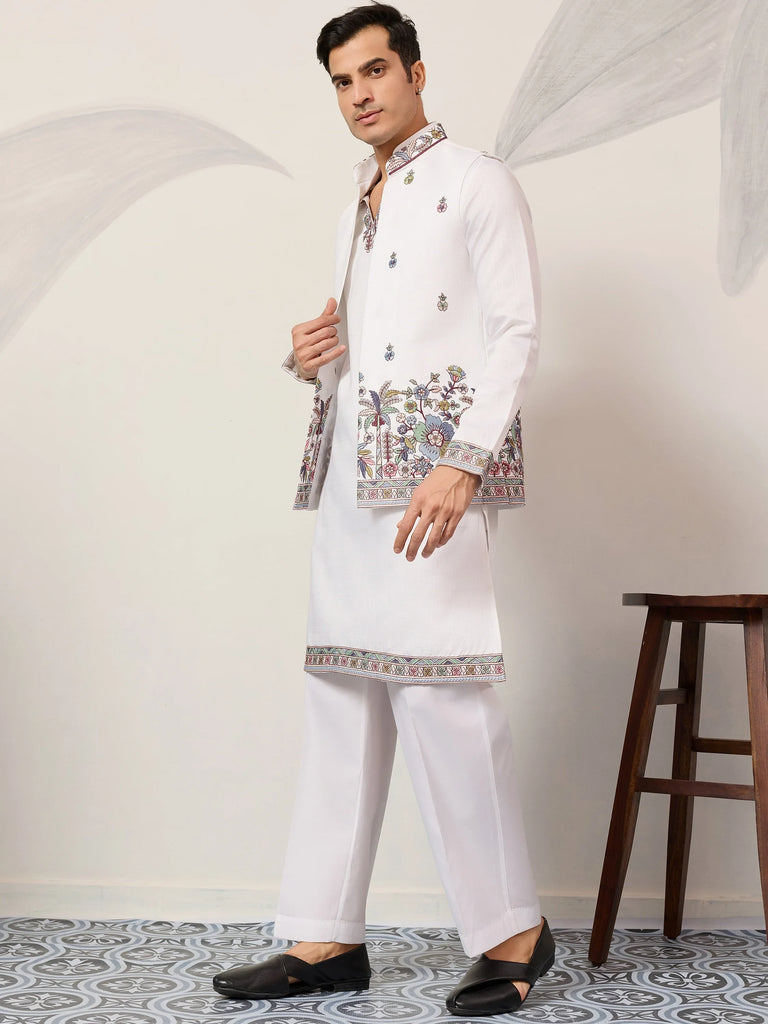 Captivating White Embroidered Silk Function Wear Men’s Kurta With Koti