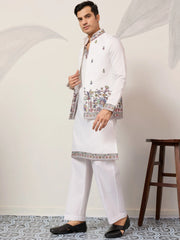 Captivating White Embroidered Silk Function Wear Men’s Kurta With Koti