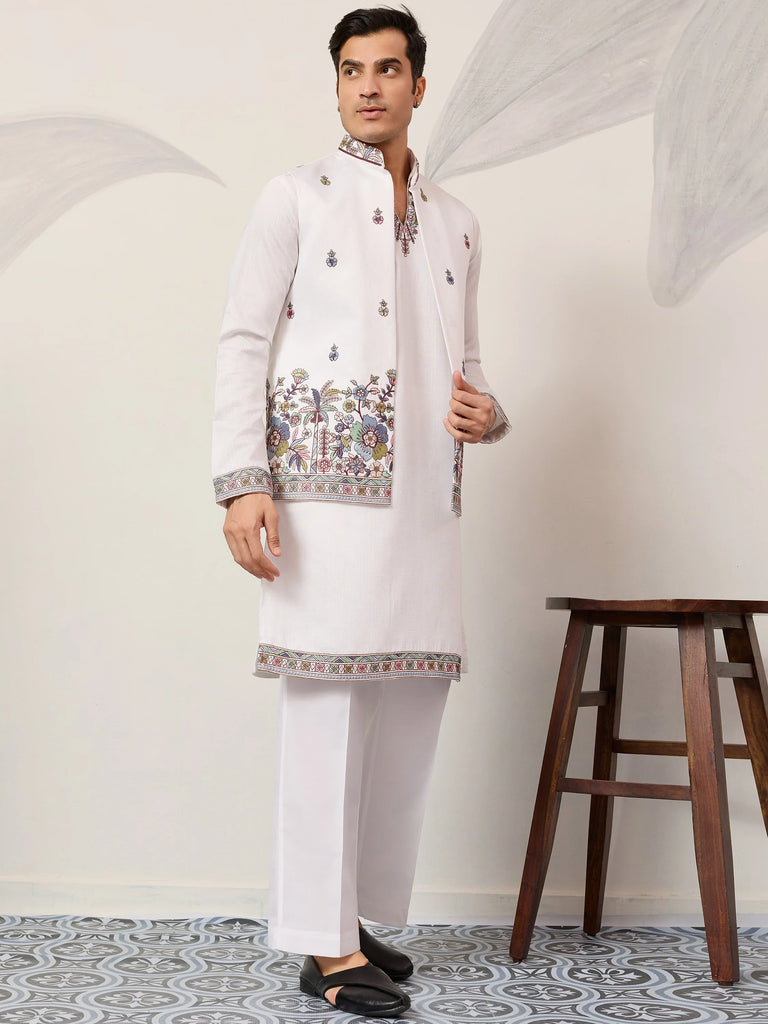 Captivating White Embroidered Silk Function Wear Men’s Kurta With Koti