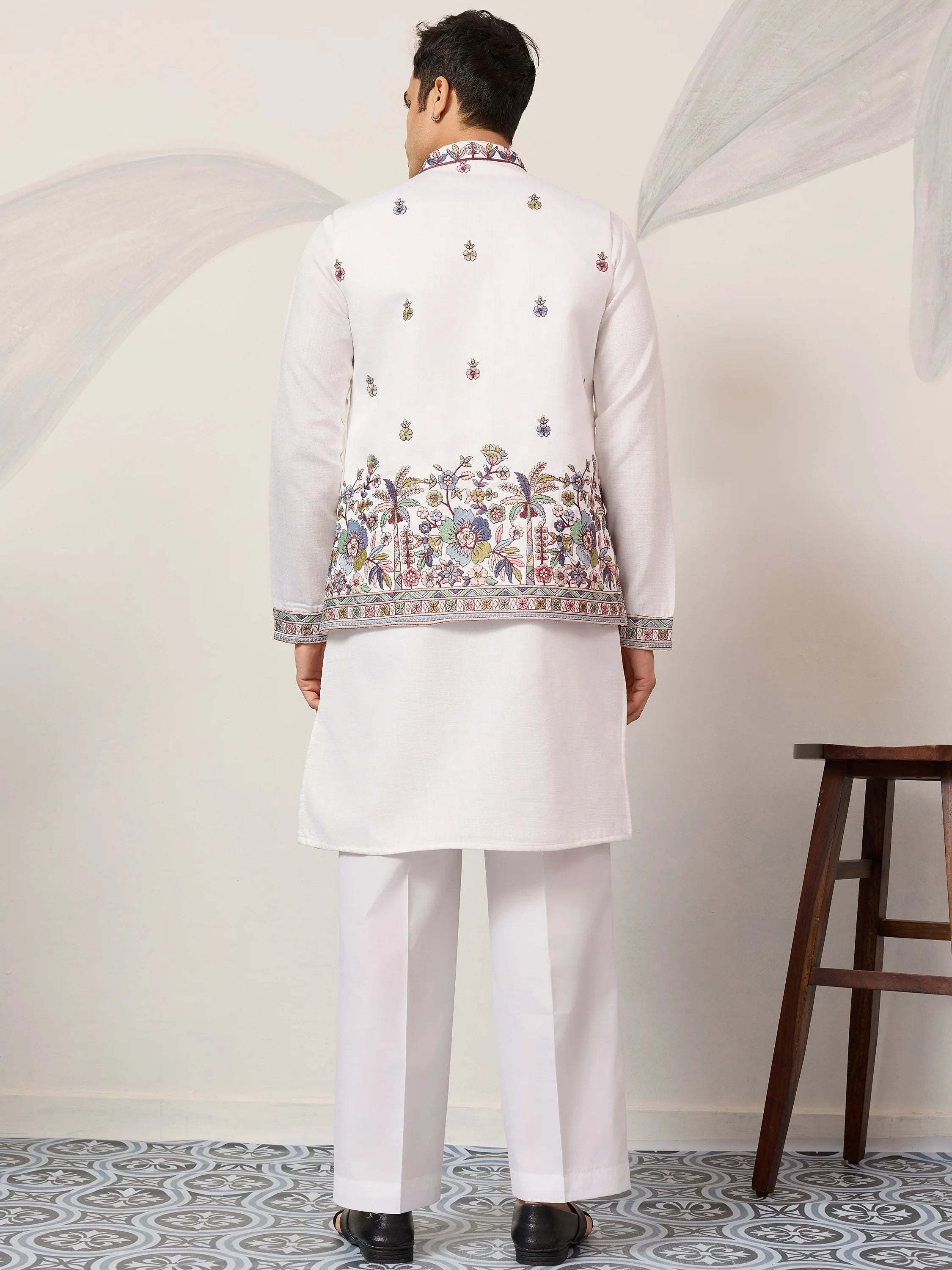 Captivating White Embroidered Silk Function Wear Men’s Kurta With Koti