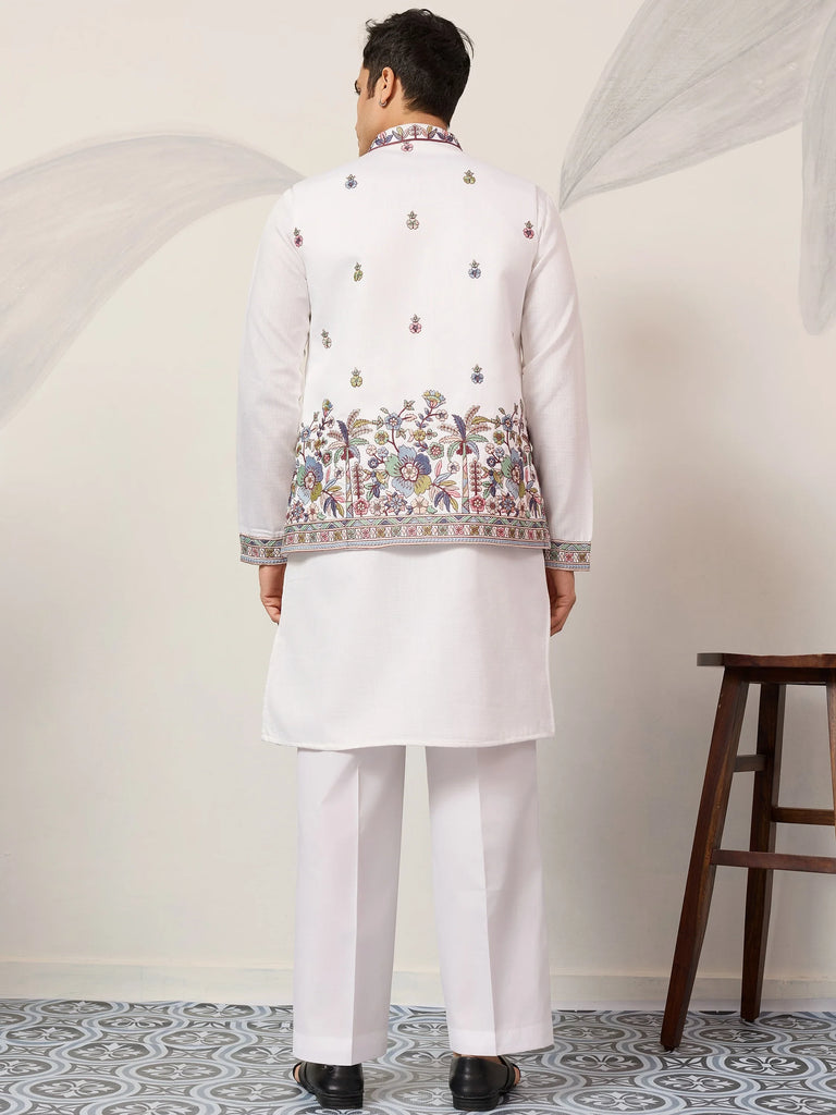 Captivating White Embroidered Silk Function Wear Men’s Kurta With Koti