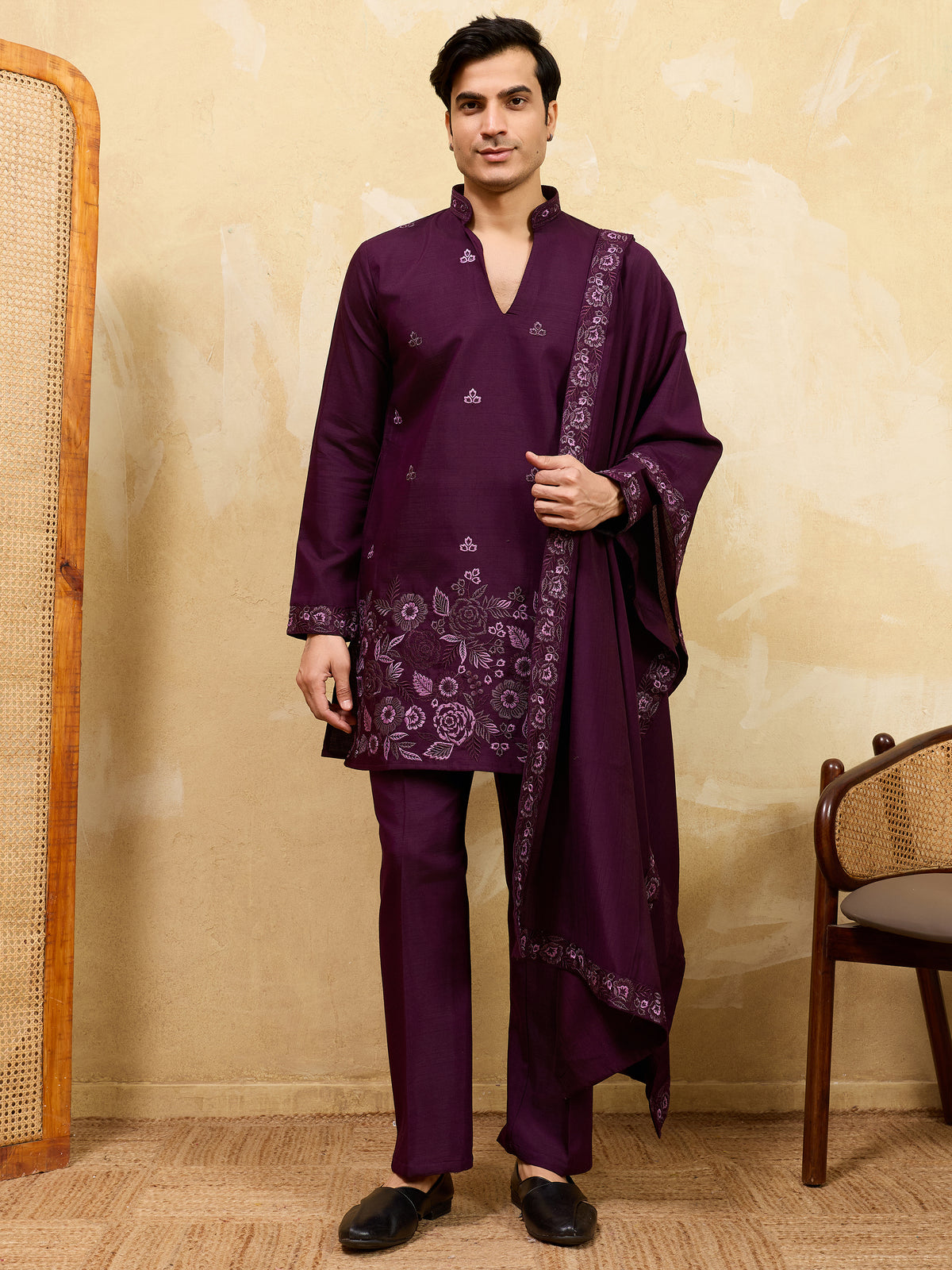 Dazzling Maroon Thread Work Viscose Eid Special Men's Kurta With Dupatta