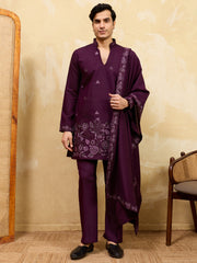 Dazzling Maroon Thread Work Viscose Eid Special Men's Kurta With Dupatta