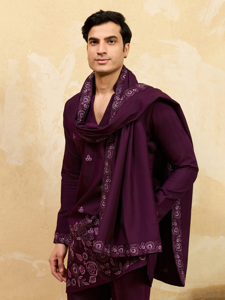 Dazzling Maroon Thread Work Viscose Eid Special Men's Kurta With Dupatta
