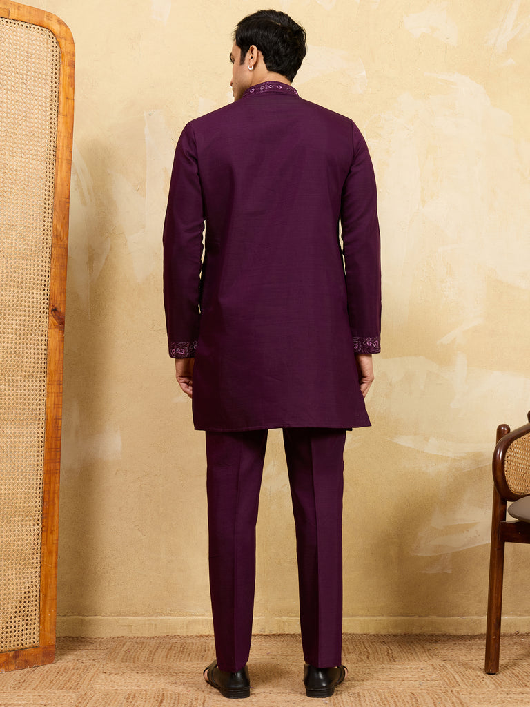 Dazzling Maroon Thread Work Viscose Eid Special Men's Kurta With Dupatta