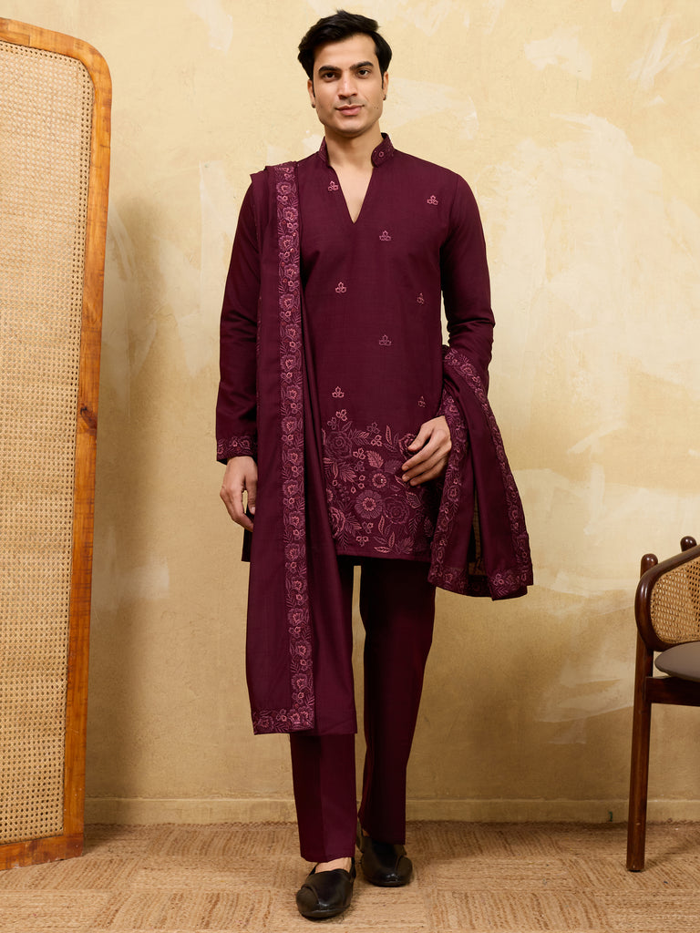 Stunning Purple Thread Embroidered Viscose Silk Wedding Wear Men's Kurta