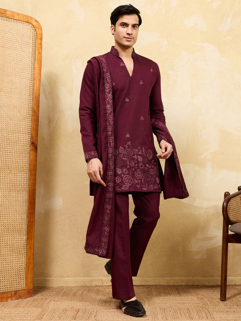 Stunning Purple Thread Embroidered Viscose Silk Wedding Wear Men's Kurta