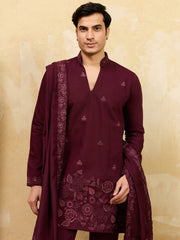 Stunning Purple Thread Embroidered Viscose Silk Wedding Wear Men's Kurta