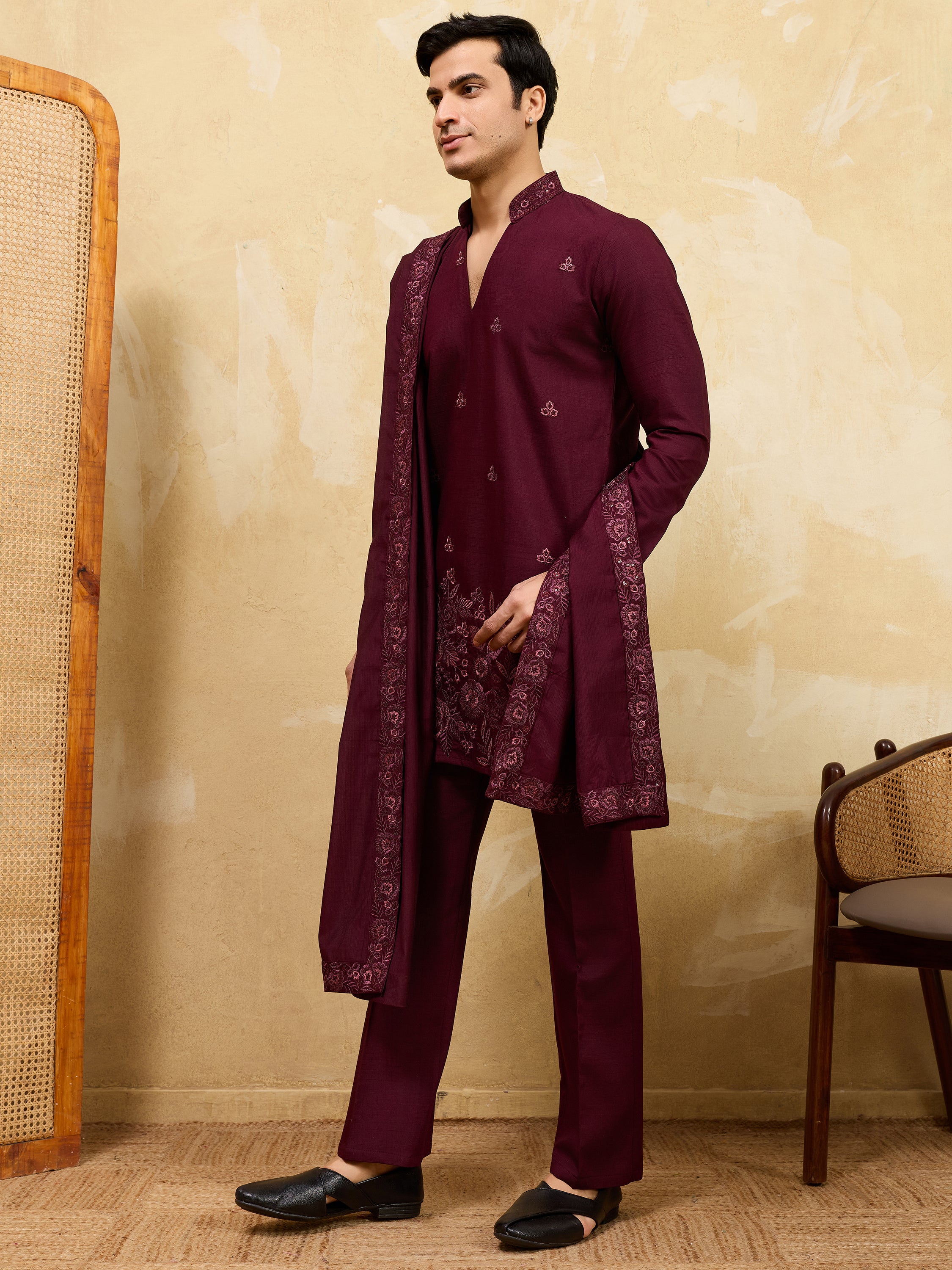 Stunning Purple Thread Embroidered Viscose Silk Wedding Wear Men's Kurta