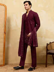 Stunning Purple Thread Embroidered Viscose Silk Wedding Wear Men's Kurta