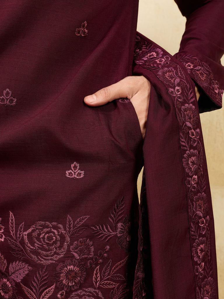 Stunning Purple Thread Embroidered Viscose Silk Wedding Wear Men's Kurta