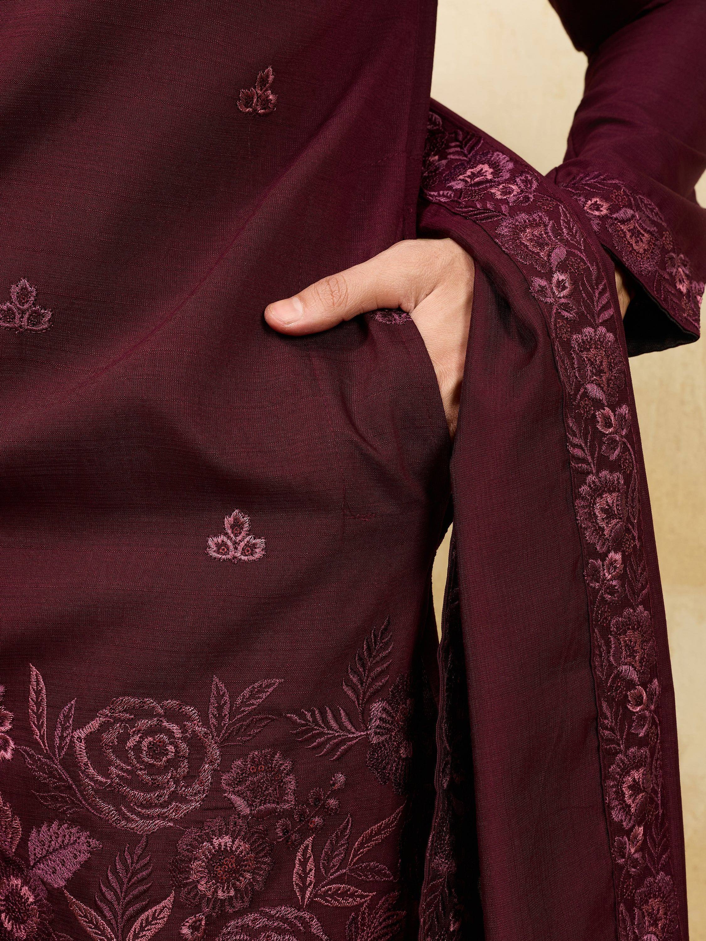 Stunning Purple Thread Embroidered Viscose Silk Wedding Wear Men's Kurta