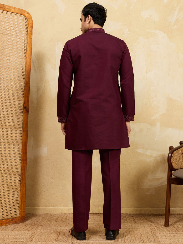 Stunning Purple Thread Embroidered Viscose Silk Wedding Wear Men's Kurta
