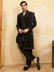 Awesome Black Sequins Viscose Silk Reception Wear Men's Kurta With Dupatta