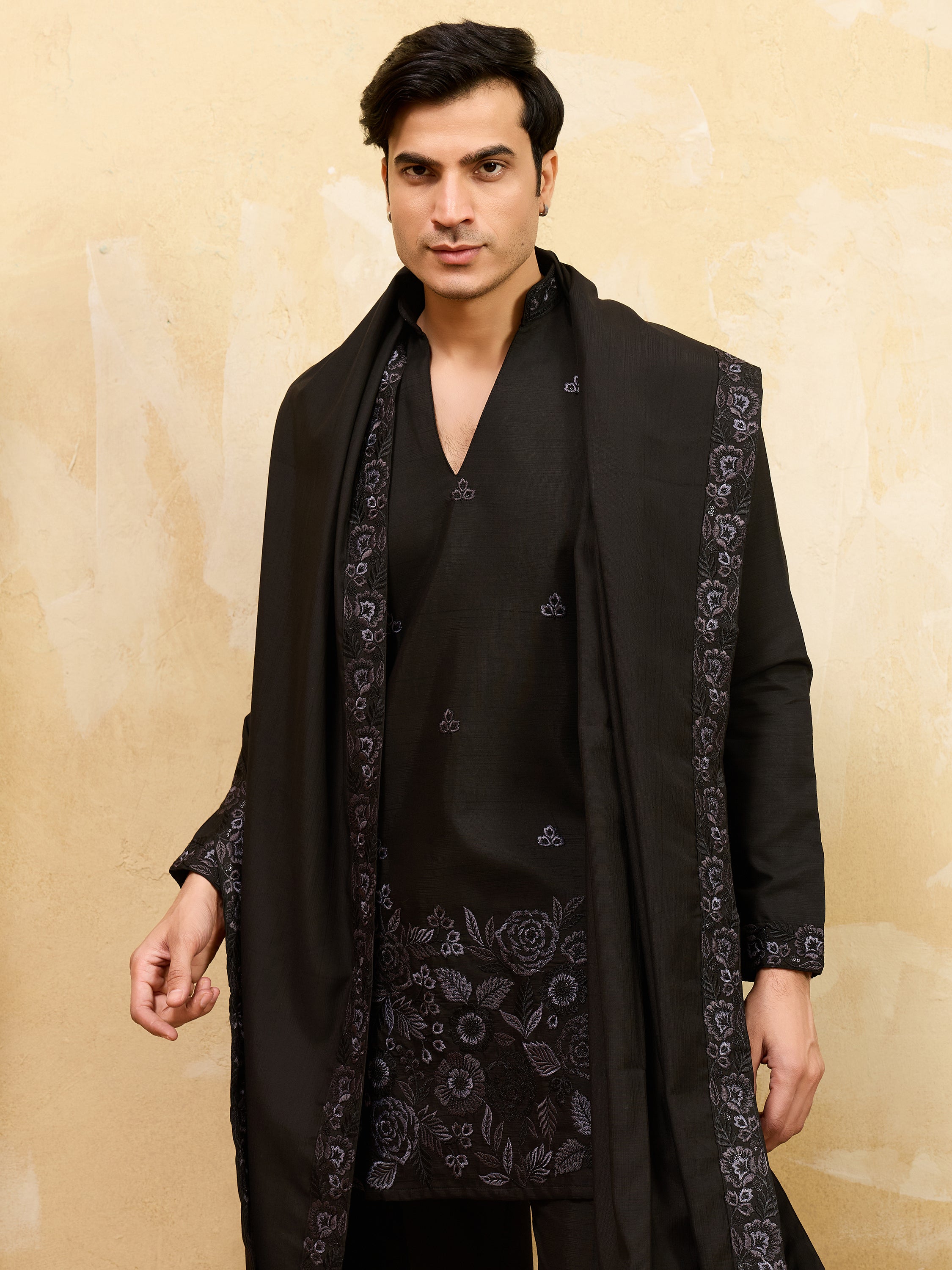 Awesome Black Sequins Viscose Silk Reception Wear Men's Kurta With Dupatta